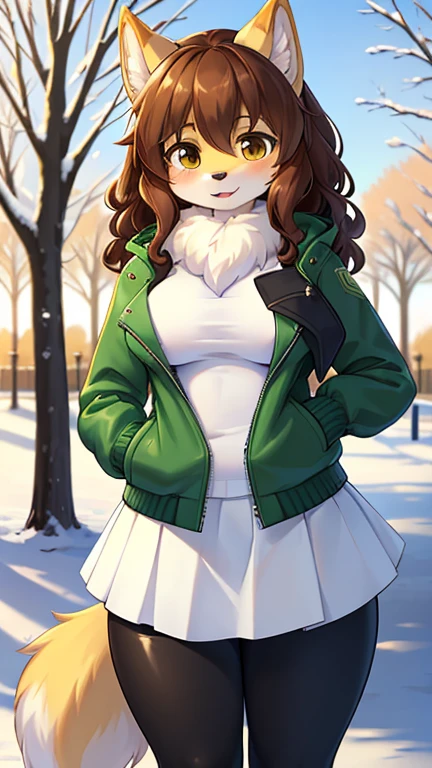 best quality, best resolution, (fluffy anthro furry), golden retriever girl, brown hair, curly hair, (light yellow fur), medium breast, thick thighs, (green zipped-up puff jacket, white skirt, black leggings), standing, park, winter, snow