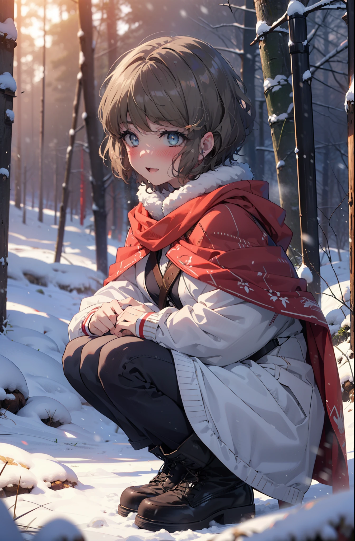 tomoekoga, Chie Koga, short hair, Brown Hair, blue eyes, hair band,smile,blush,White Breath,Center of chest,
Open your mouth,snow,Ground bonfire, Outdoor, boots, snowing, From the side, wood, suitcase, Cape, Blurred, having meal, forest, White handbag, nature, Squat, Mouth closed, Cape, winter, Written boundary depth, Black shoes, red Cape break looking at viewer, Upper Body, whole body, break Outdoor, forest, nature, break (masterpiece:1.2), highest quality, High resolution, unity 8k wallpaper, (shape:0.8), (Beautiful and beautiful eyes:1.6), Highly detailed face, Perfect lighting, Highly detailed CG, (Perfect hands, Perfect Anatomy),
