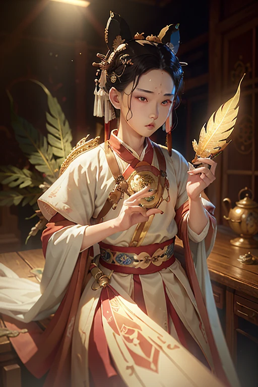 One boy,(8k,Best image quality,masterpiece:1.4),ファイナルFantasy,(Fantasy),(lights),alone,White Chinese Chat,Chinese clothing,(Handle Feather Fan),Zhuge Kongming,Real Humans