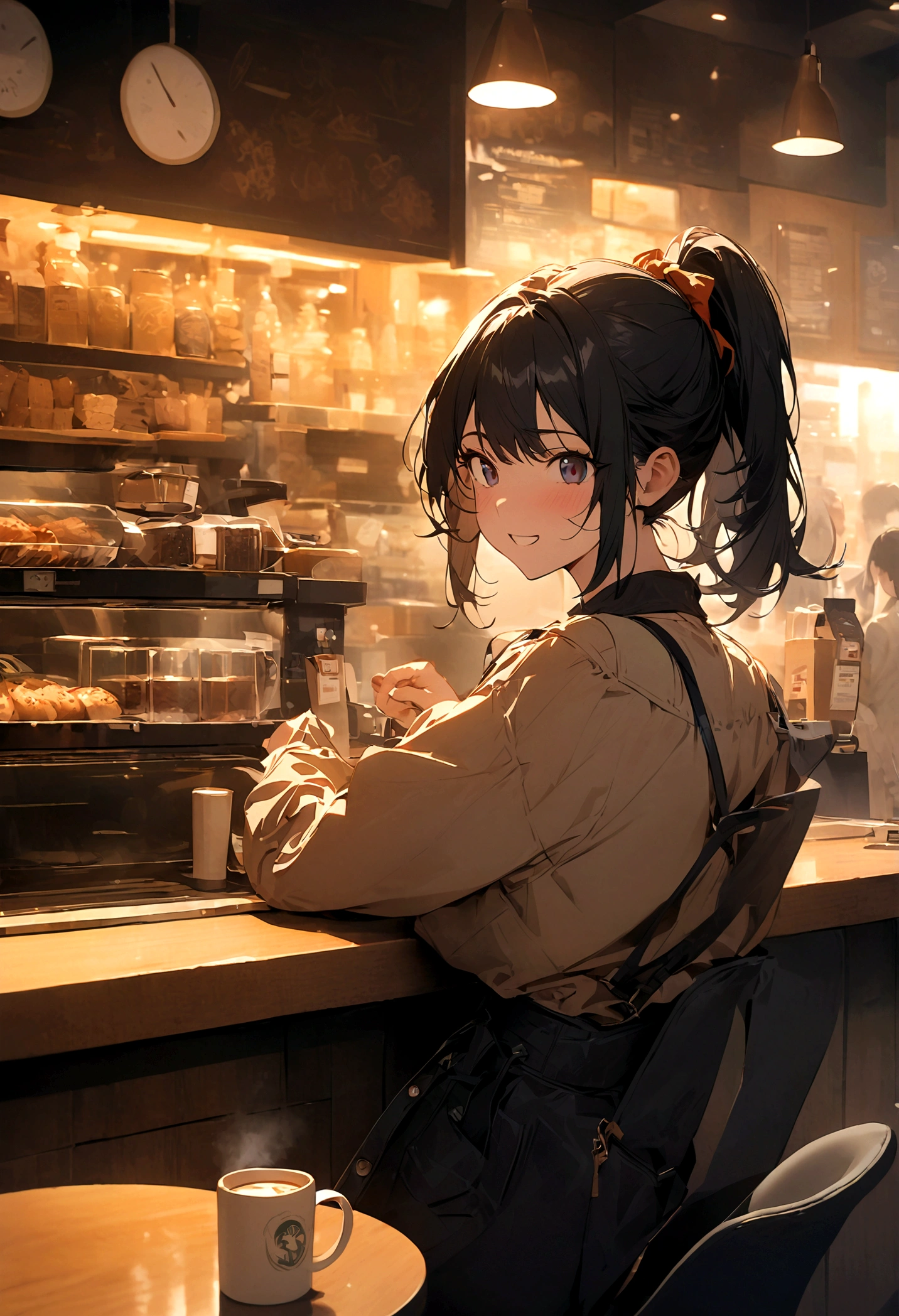 girl, Black Hair, Pull up your ponytail,Disgusted look, Laugh at someone who is talking, High-quality images, masterpiece, Coffee Shop,