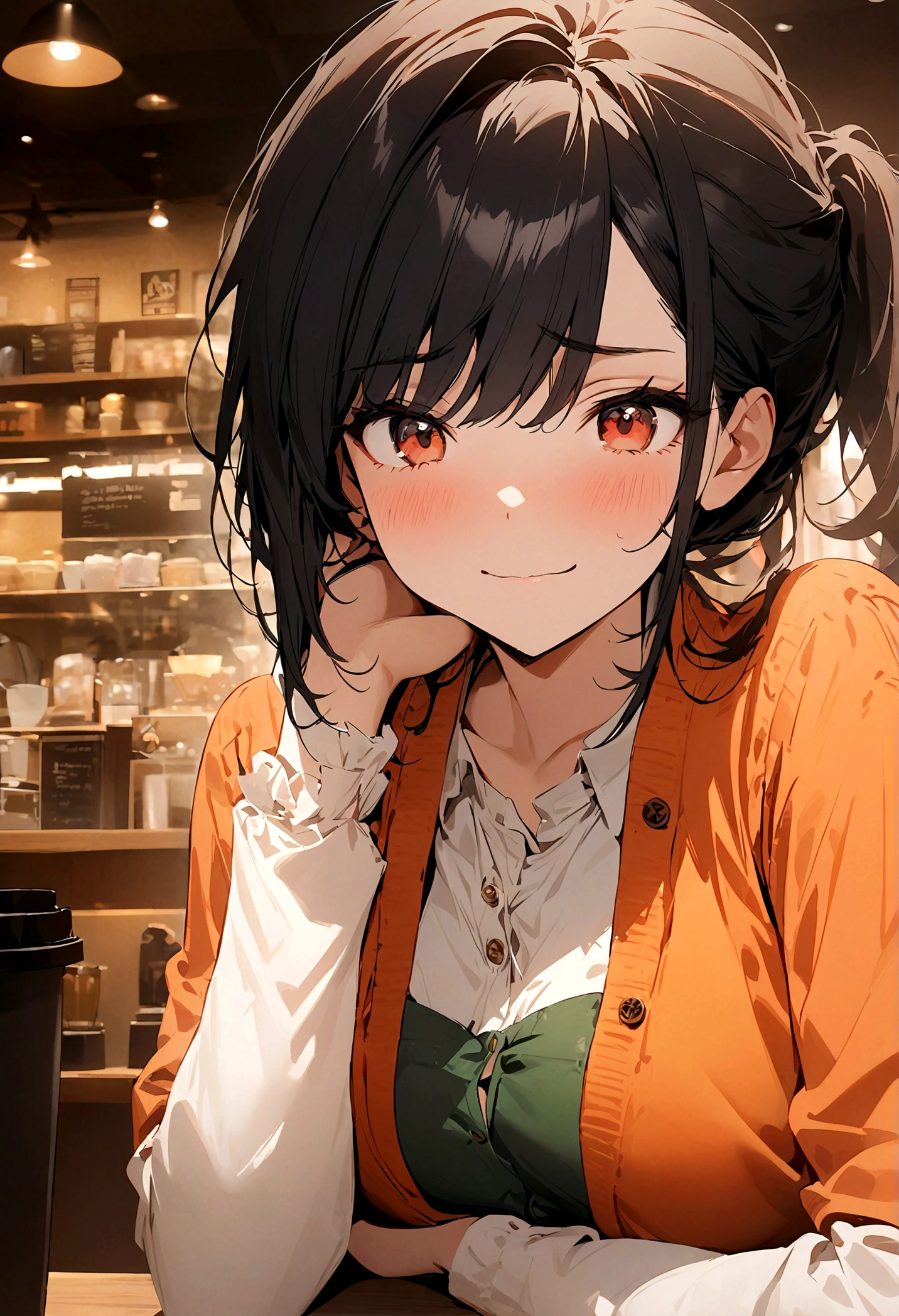 girl, Black Hair, Pull up your ponytail,Disgusted look, Laugh at someone who is talking, High-quality images, masterpiece, Coffee Shop,