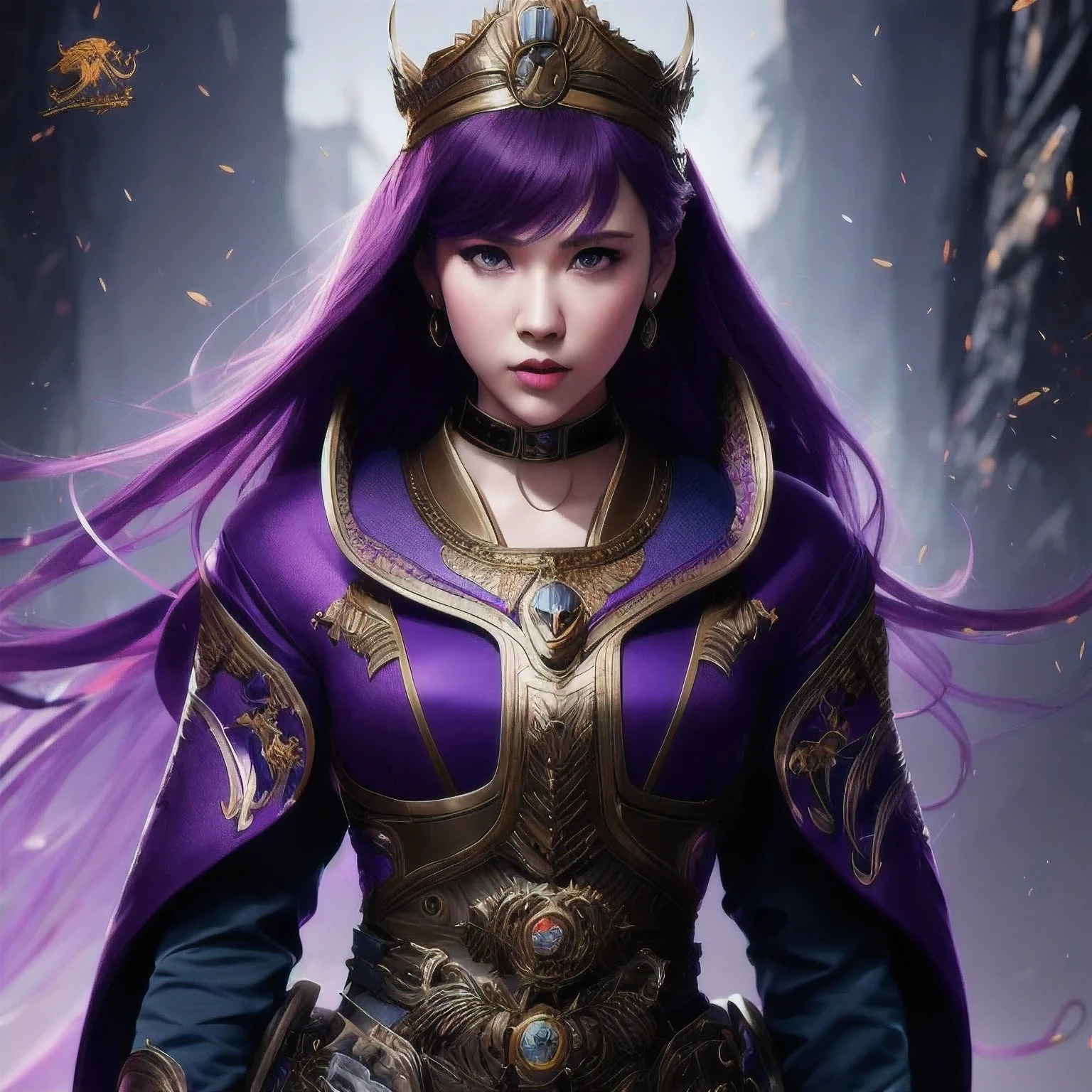 (((Disgusted look)))there is a 18 years old in a purple dress holding a dragon, wlop and ross tran, ross tran 8 k, fantasy art style, chengwei pan on artstation, a beautiful fantasy empress, ross tran and wlop, ruan jia and artgerm, the dragon girl portrait, ig model | artgerm, artgerm and ruan jia,beautiful 1girl bangs blue eyes closed mouth ear piercing earrings grey background hair ornament jewelry lips looking at viewer military military uniform nose piercing portrait realistic short hair simple background solo upper body