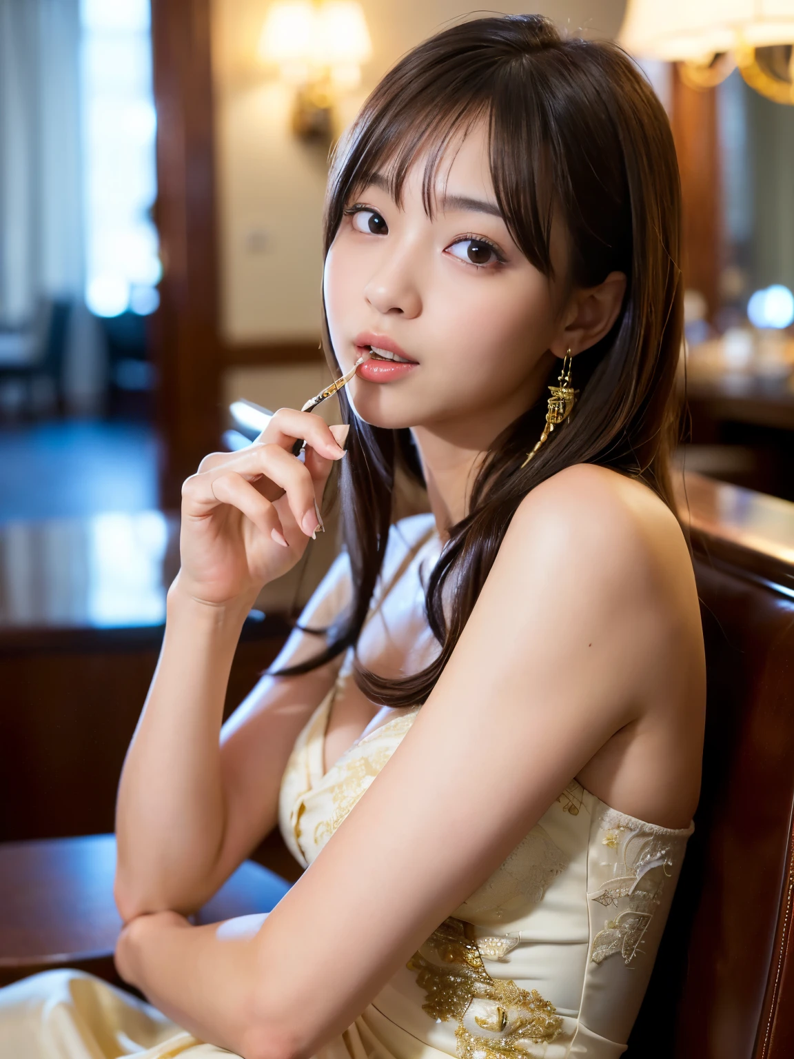 (Best-quality, Masterpiece, Ultra-High-Resolution, (Photorealistic:1.4), Raw Photo, depth of field, professional lighting, perfect anatomy, extremely details), (sitting in luxury-hotel-bar, smoking cigarette), 1girl, -yeld, thost famous Japanese idol, ((completely drunk, busted, get high):1.5), (wearing gorgeous-lacy dress with gorgeous-design), grinning, ((extremely cute realistic-face like the most popular Japanese idol, ((extremely cute and extremely big realistic-eyes)), extremely beautiful and extremely realistic hair)), (((extremely beautiful and extremely realistic skins))), detailed luxury-hotel-bar, detailed gorgeous-lacy-dress-with-gorgeous-design
