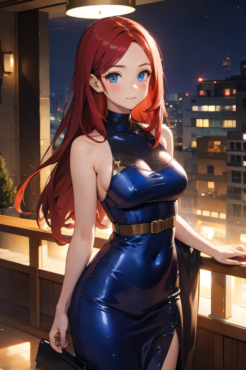 1 girl, single girl, cute, long red hair, light blue eyes, big breasts, big hips, short sequin dress, at night, luxurious apartment