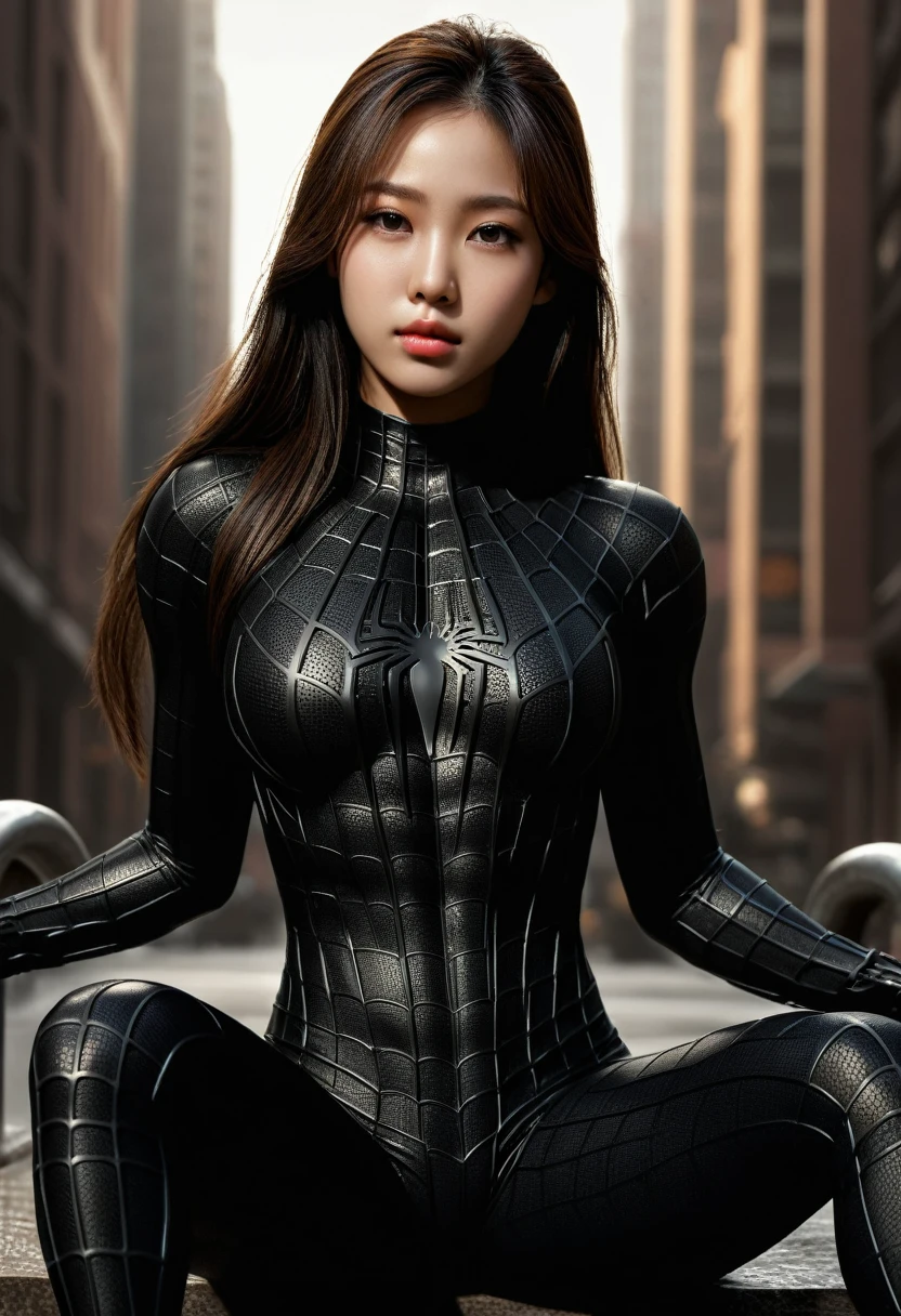 score_9, score_8_up, score_7_up, best quality, realistic, masterpiece, beautiful detail, hyperrealistic, woman ((1girl, woman body, big breasts)), amazing detailed full body portrait of a beautiful ulzzang girl, wearing a realistic and highly detailed black raimi spider-man suit, ((huge muscular girl)), (sitting), suit covered entire body and hand, black spiderman gloves, (full body), (dirty skin), close up, octane render, highly detailed, volumetric, dramatic lighting, (highest quality:1.1), (HDR:1.3), (top quality, best quality), realistic, high definition,