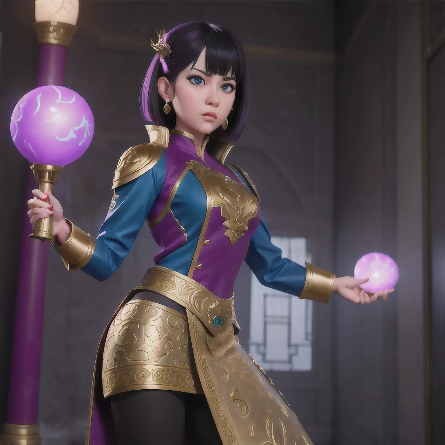 (((Disgusted look)))there is a 18 years old in a purple dress holding a dragon, wlop and ross tran, ross tran 8 k, fantasy art style, chengwei pan on artstation, a beautiful fantasy empress, ross tran and wlop, ruan jia and artgerm, the dragon girl portrait, ig model | artgerm, artgerm and ruan jia,beautiful 1girl bangs blue eyes closed mouth ear piercing earrings grey background hair ornament jewelry lips looking at viewer military military uniform nose piercing portrait realistic short hair simple background solo upper body