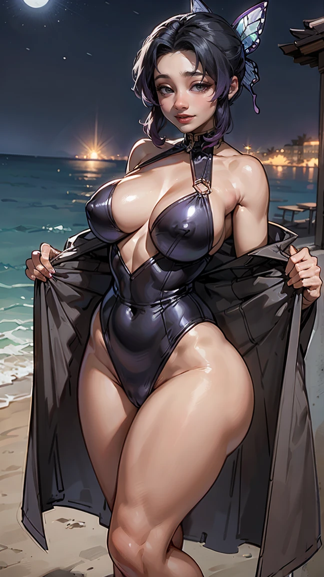 Shinobu Kochou, milf, mujer mayor, cabello negro y morado , deep v dress, (( deep v dress Black, plunging neckline, breast curtains, Revealing clothes, ruborizada, sonrisa coqueta)) , (( ruborizada, sonrisa, feliz, oiled skin)), short hair, black hair, cabello con puntas moradas. recogiendo sus pechos, (( picking up her breasts)), curvy body, (( medium sagging breast, presumiendo sus pechos, exhibicionismo, coat)), exhibicionista abrigo, piernas largas, piernas abiertas , abs , muscle, Iparuputsua, standing, en la playa de noche, luces de ciudad a lo lejos, Cancun .