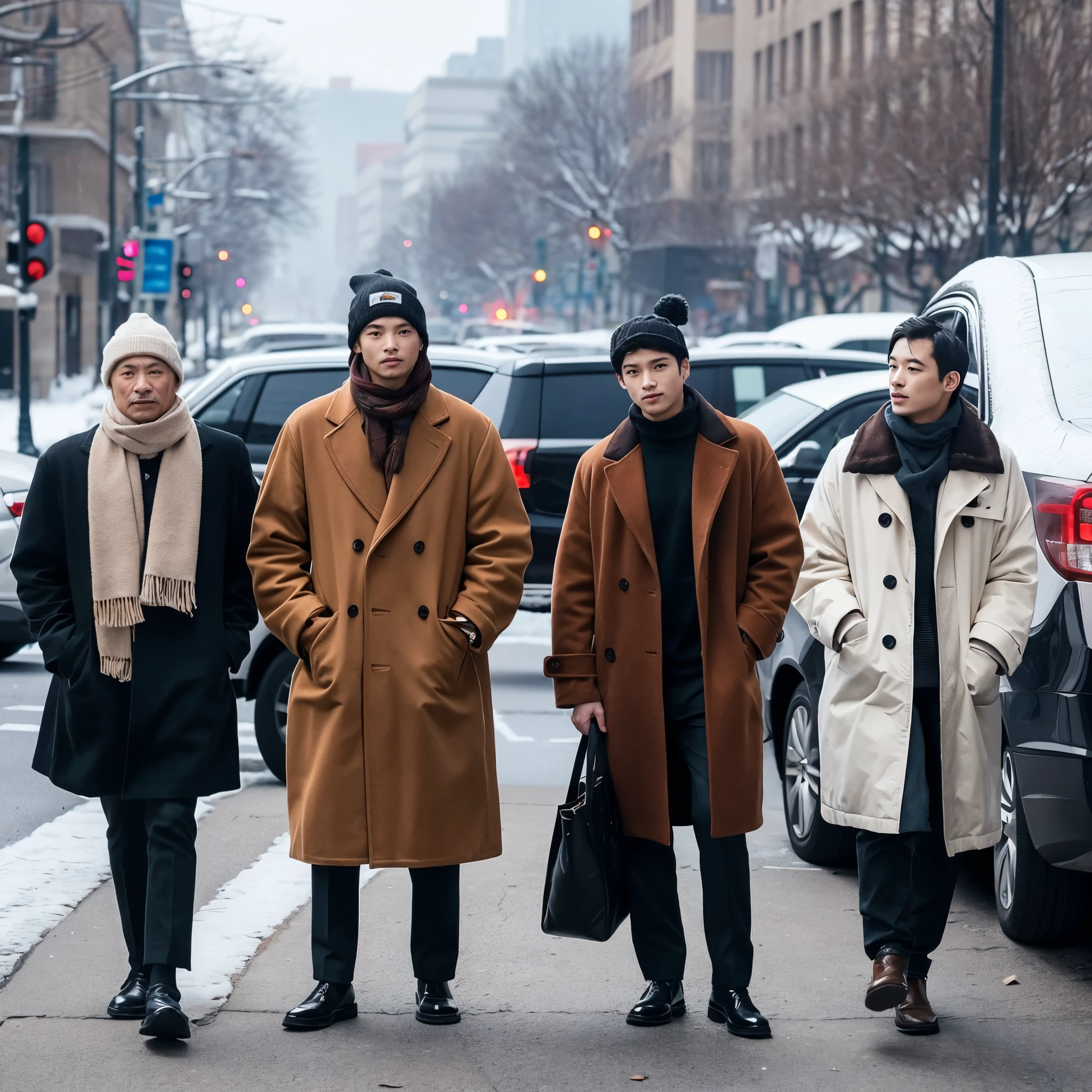 ((best quality)), ((masterpiece)), (aesthetics:1.4) ,Winter Clothing，3 people，three chinese men