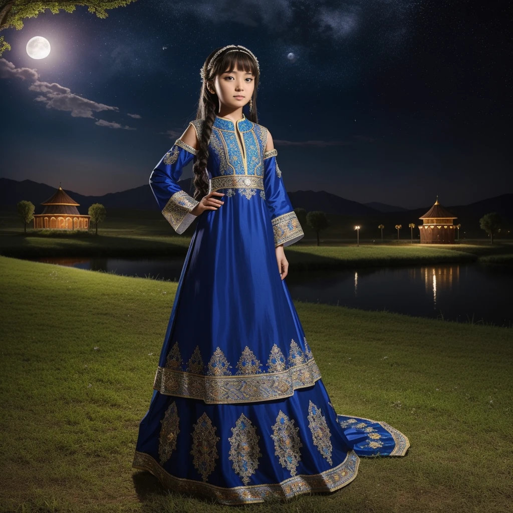Highest quality、high quality、10 years old、Brightly embroidered ethnic costumes from Central Asia and the Caspian Sea region、Girl of the bride、Moonlit Grassland、moonlight、Long dress