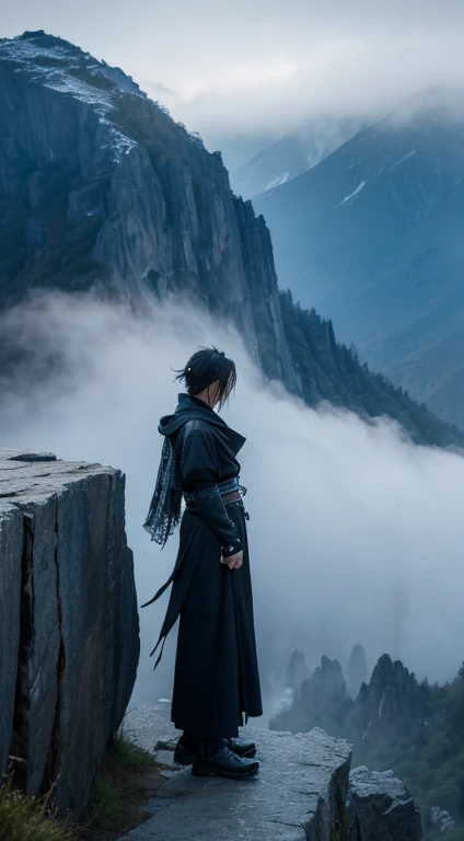 cold scenery, dark, of, Lonely, Fantasy Style,Blue Eman, 龍of模様of服,Knife hanging from waist,rock, dry, デヤof木,Mountain, Mountain谷, fog, spectrum,magic, scared, Crow, hard,impose, Predominant, artistic