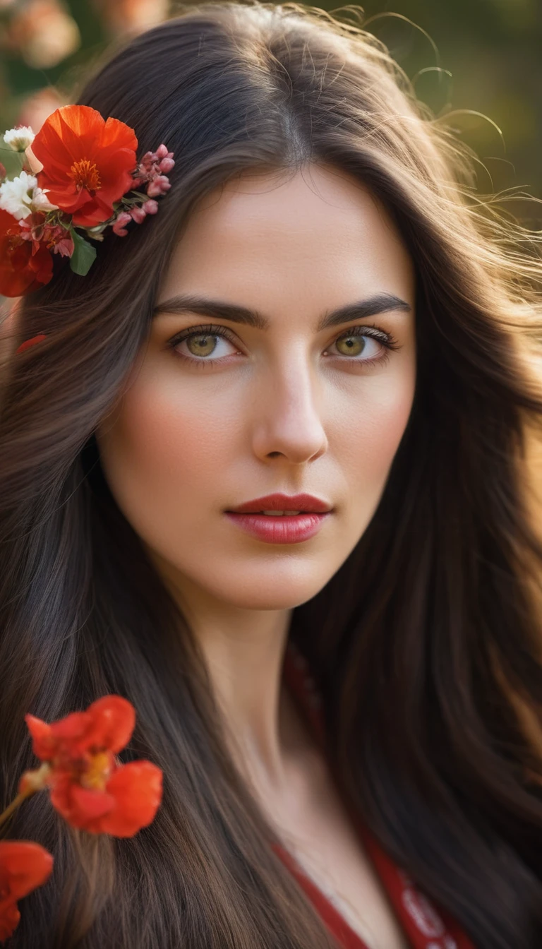 Portrait of a young woman with long dark hair, which blows in the wind.
Flowers of different colors are woven into her hair, in particular white and red, which add natural beauty and romance to the image.
Her face is partially lit with soft, warm light, which creates a contrast between light and shadow.
The facial expression is calm and a little pensive, with a slight emphasis on the eyes and lips.
The general style of photography is artistic, with a focus on details and a warm color scheme, which creates a sense of intimacy and peace.