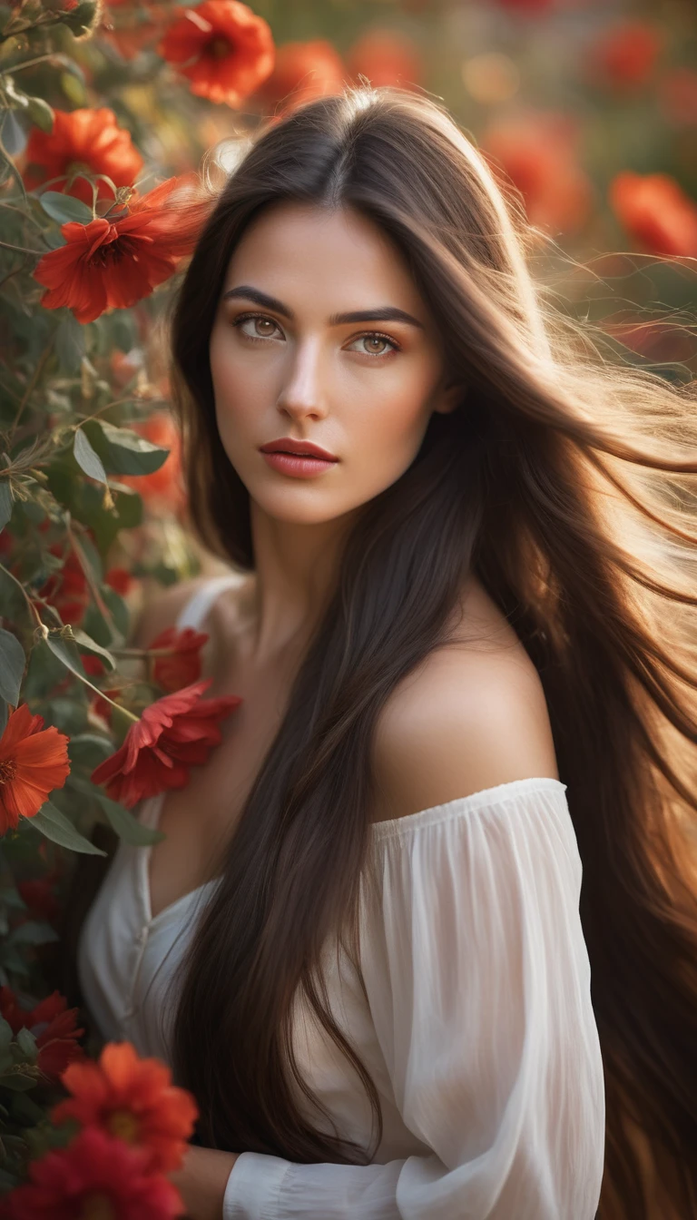 Portrait of a young woman with long dark hair, which blows in the wind.
Flowers of different colors are woven into her hair, in particular white and red, which add natural beauty and romance to the image.
Her face is partially lit with soft, warm light, which creates a contrast between light and shadow.
The facial expression is calm and a little pensive, with a slight emphasis on the eyes and lips.
The general style of photography is artistic, with a focus on details and a warm color scheme, which creates a sense of intimacy and peace.
