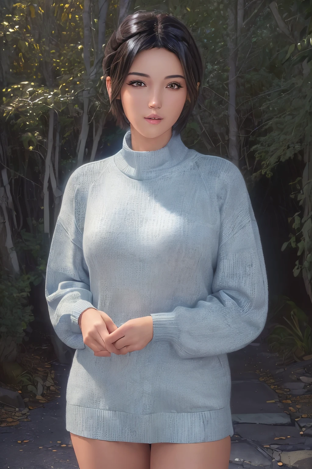 (masterpiece:1.3), (8k, photorealistic, RAW photo, best quality: 1.4), (1girl), beautiful face, (realistic face), (black hair, short hair:1.3), beautiful hairstyle, realistic eyes, beautiful detailed eyes, (realistic skin), beautiful skin, (sweater), absurdres, attractive, ultra high res, ultra realistic, highly detailed, golden ratio