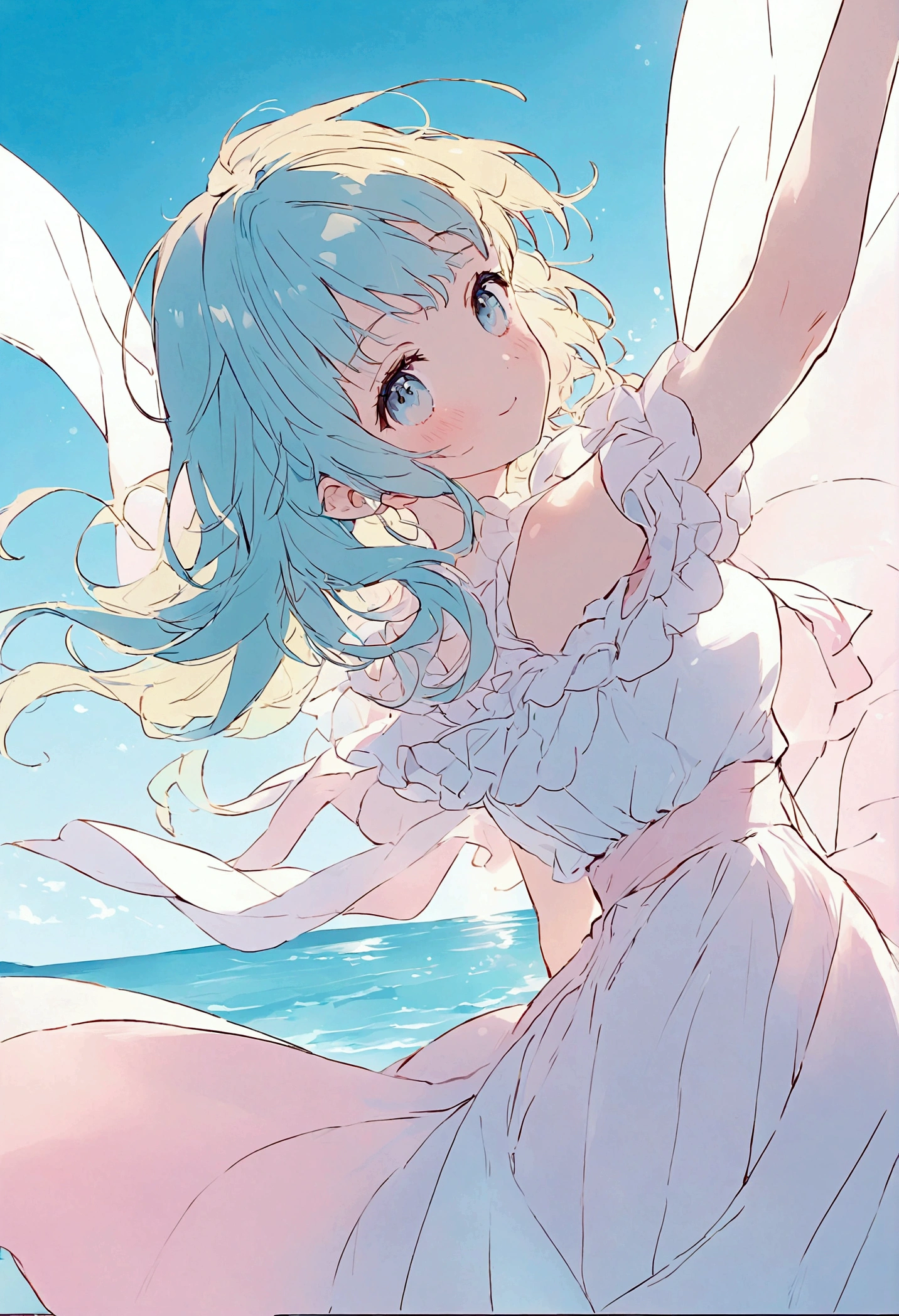 One cute girl in pastel colors, illustration, clear summer sunlight, blue sea, azure sky, cloth, dancing in the wind, highest image quality