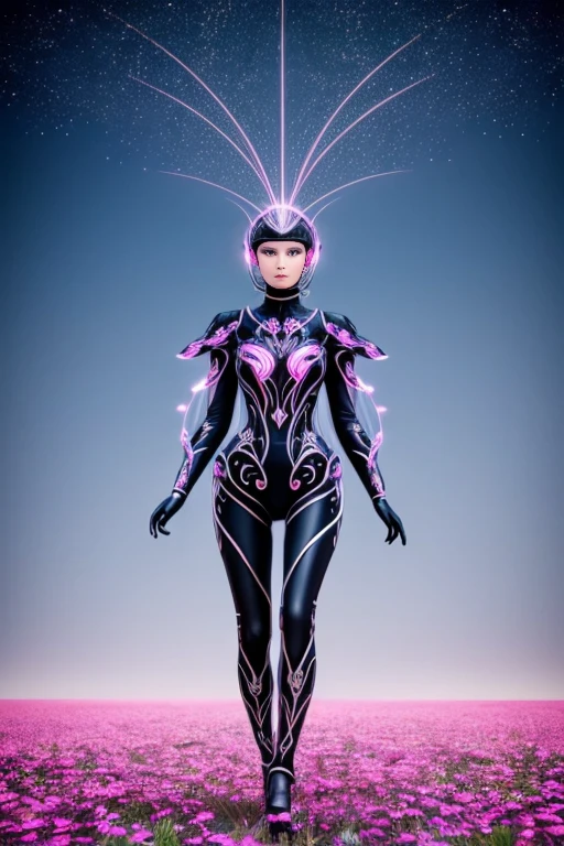 A beautiful woman is walking in the middle of a flowery grassland, she's offering her hand, growing like a biomechanical organism, pale pink, black and metallic silver,like a living organism, shining bright, dressed with symmetrical designs and arabesques, adorned with blue lights, masterpiece, highly detailed, 3d modelling, 4k resolution, abstract art, digital art, photographic