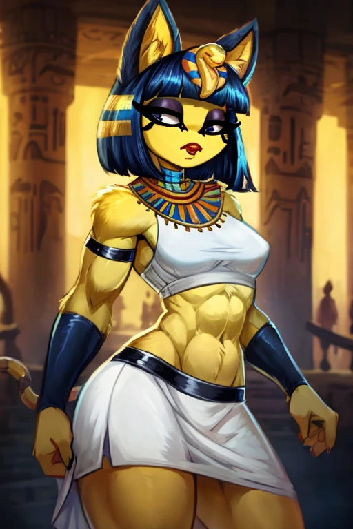 ((best quality)), ((masterpiece)), (detailed), Ankha with abs wearing a crop top of her white sleeveless dress with white dress skirt, she is talking, trending on artstation, digital artwork