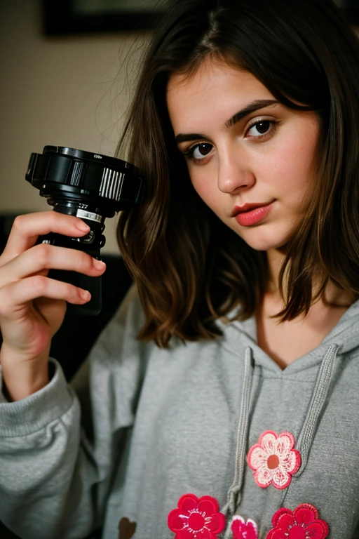 Beautiful 23 year old woman.,brunette,close-up,Girl next door,baggy clothes,night,dirty hair,Granularity,retro,(Boke:1.3),Holder for 160 flowers,filmed on ARRI ALEXA 65,sharp focus on the subject,Fujifilm HT-3