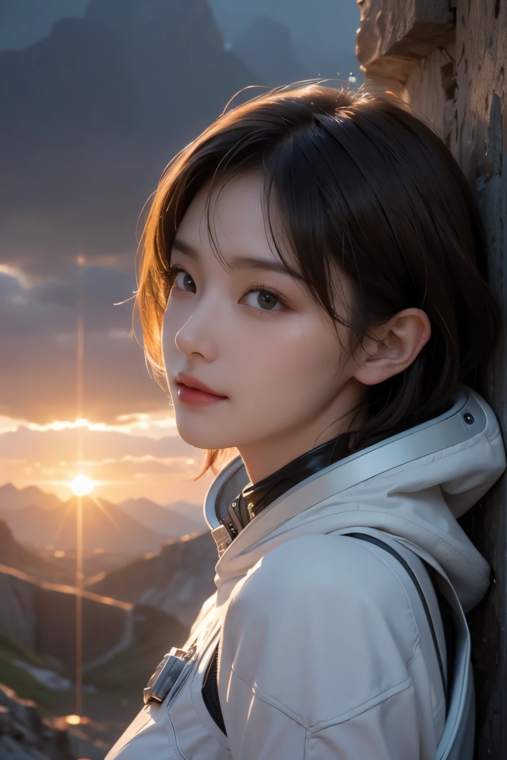 Ultra-high resolution、(Real:1.4)、One beautiful woman、Beautifully detailed eyes and skin、A Little Smile、Light brown short hair、Small Bust、Futuristic space suit design、Impressive pose、Remains of megastructures、wasteland、Valley、cliff、Rocky Mountain、Cloudy、evening、sunset、heavy rain、flood、
