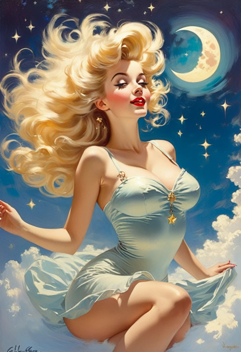 A Gil Elvgren pin-up style painting of a beautiful blonde woman with big messy hair, floating in the clouds gracefully, with moon light, twinkling stars and stardust, vibrant and colorful