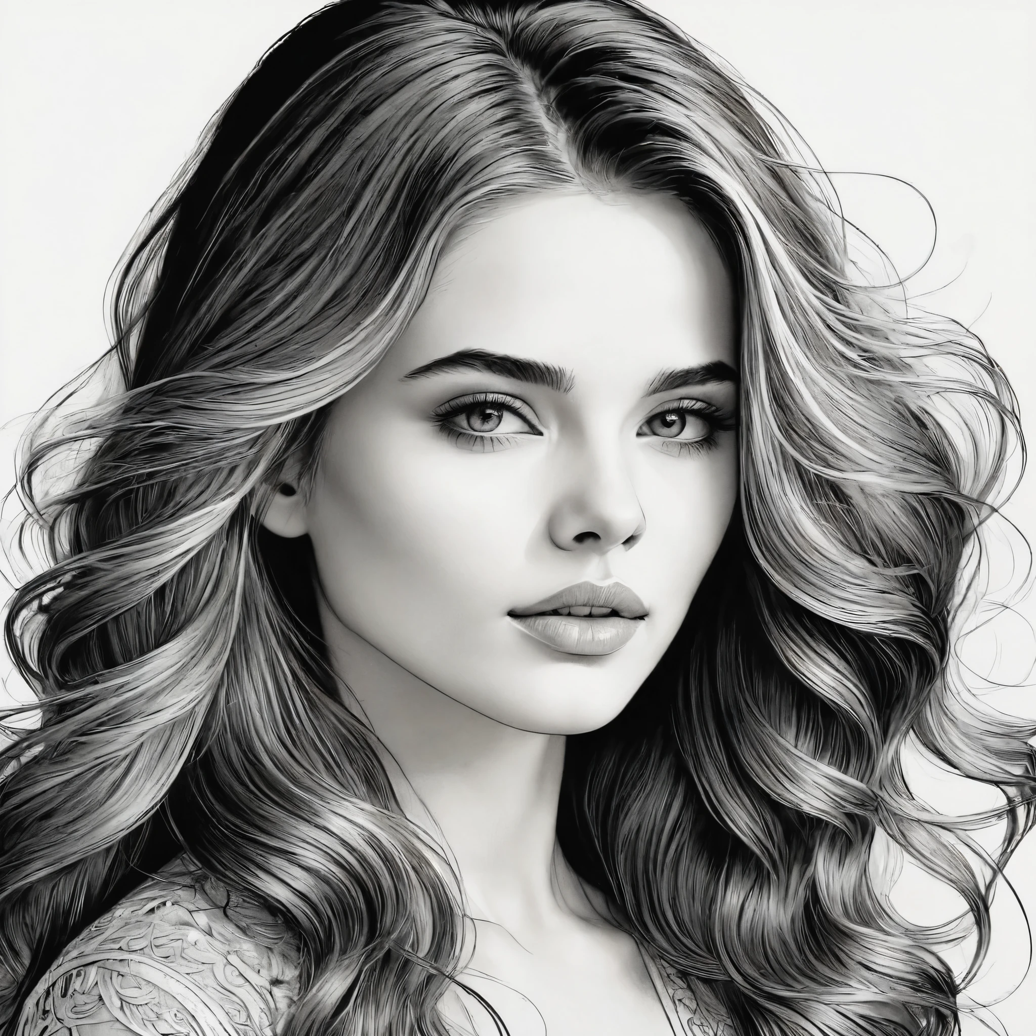a line art portrait of a young woman, detailed facial features, beautiful eyes, delicate lips, long flowing hair, soft shadows, minimalist style, black and white, high contrast, intricate linework, elegant, serene, detailed, intricate, masterpiece