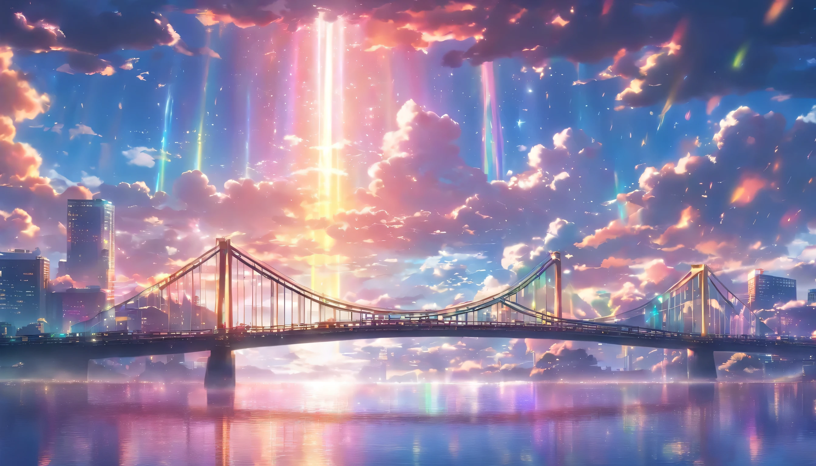 (((Miraibashi Bridge in the evening)))、((The big shining sea))、Very beautiful clouds、((Colorful light))、(Spectacular views of many cities)、(((A spectacular sky as a backdrop)))8k,((cinematic light and shadow))、Future City、Prism Rainbow、(((A scene from a movie)))、((Dazzling Sunset))、(((Rainbow light)))、((There are many different colors mixed together.))、(((Ultra-realistic CG)))、Reflective Landscape、Orange overall、((Spectacular Clouds))、(((Many glowing rays)))、((Colorful light))、(((Many colorful light particles)))