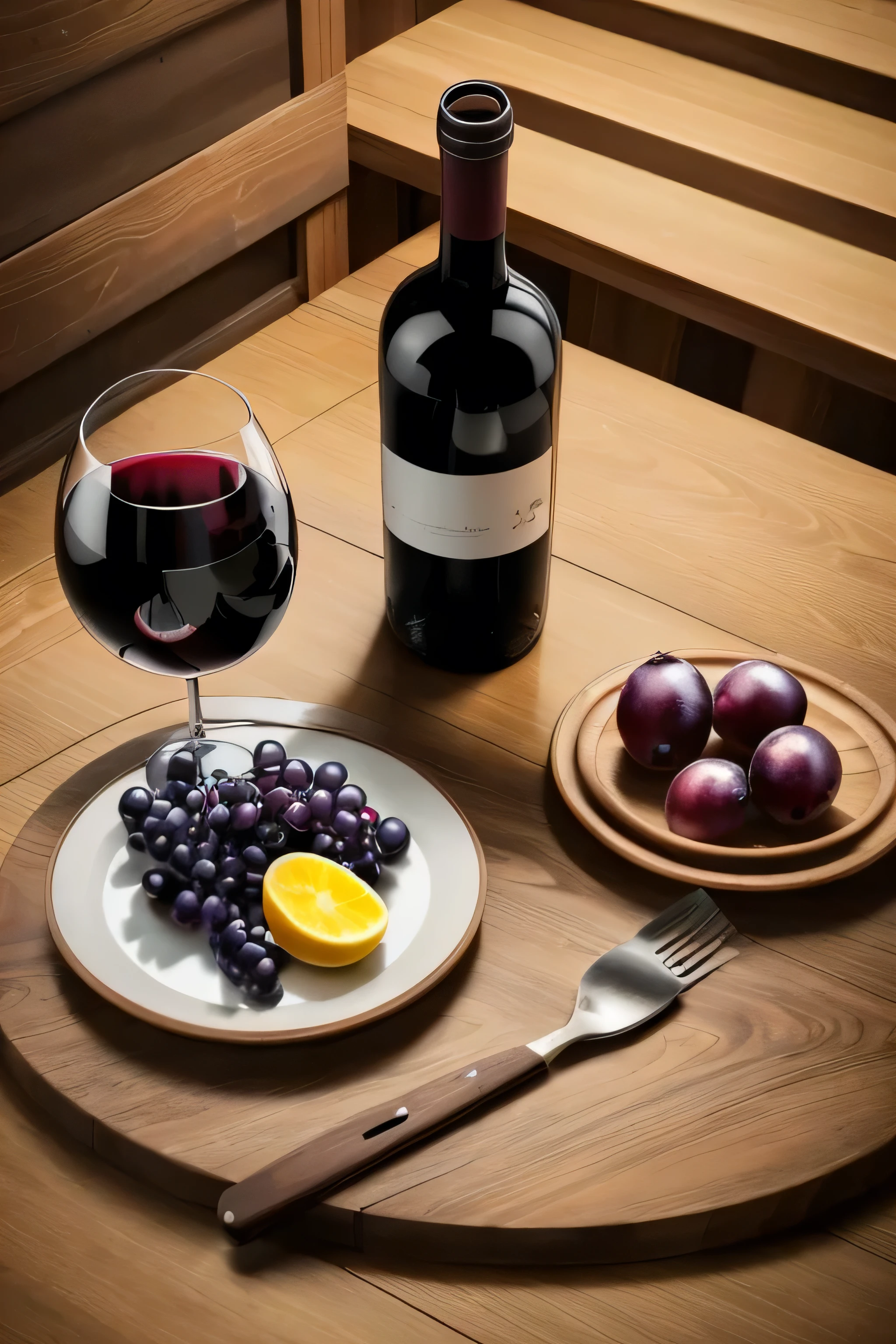 Wine Bottle、Grape Fuji、Grape、Grape glass，a glass of red wine, a dish of ripe fruit, a wooden table, top view, high quality, photorealistic, ultra-detailed, cinematic lighting, warm color tones, intricate textures, glowing candles, refined still life compositio more fruits，There is a retro fruit plate，