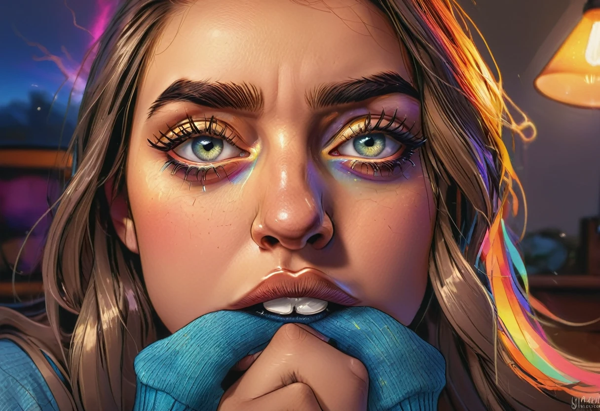 Girl smelling her own socks (disgust expression: 1.9), beautifully detailed eyes, beautifully detailed lips, highly detailed eyes and face, long eyelashes, detailed facial features, bust shot, socks, removed socks, highly detailed, 8k, masterpiece, realistic, photorealistic, vibrant colors, warm lighting, dramatic lighting, lightning in the background: 1.4,