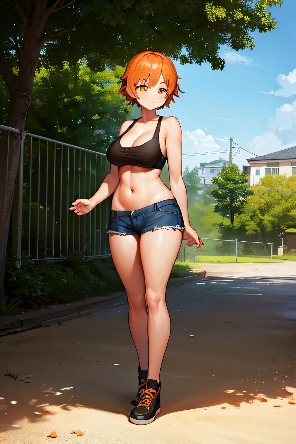 1girl, short orange hair, black-green eyes, orange tank, blue shorts, black footwear, deep cleavage, large breasts, outside, sunny day, realistic, glowing eyes, standing girl, full body, navel, fat girl