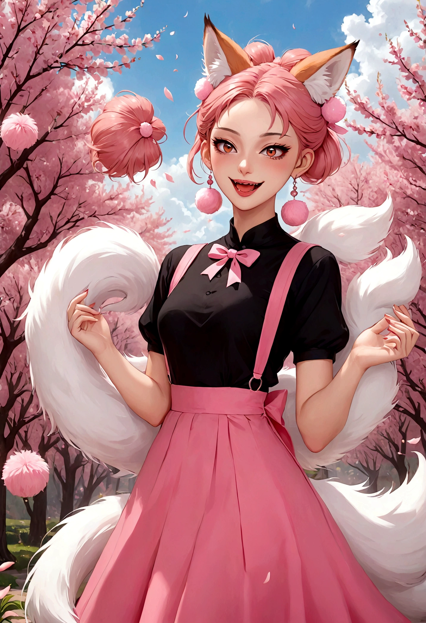 Nine-tailed fox demon，Beautiful face，beautiful eyes，Pink Eyeshadow，laughing out loud，Fangs，Big fluffy tail，Black high bun，Forehead hair，Pink pompom earrings，Long suspender skirt，绿色hand镯，hand，Spells，Peach Garden，Petals in the sky，dreamlike