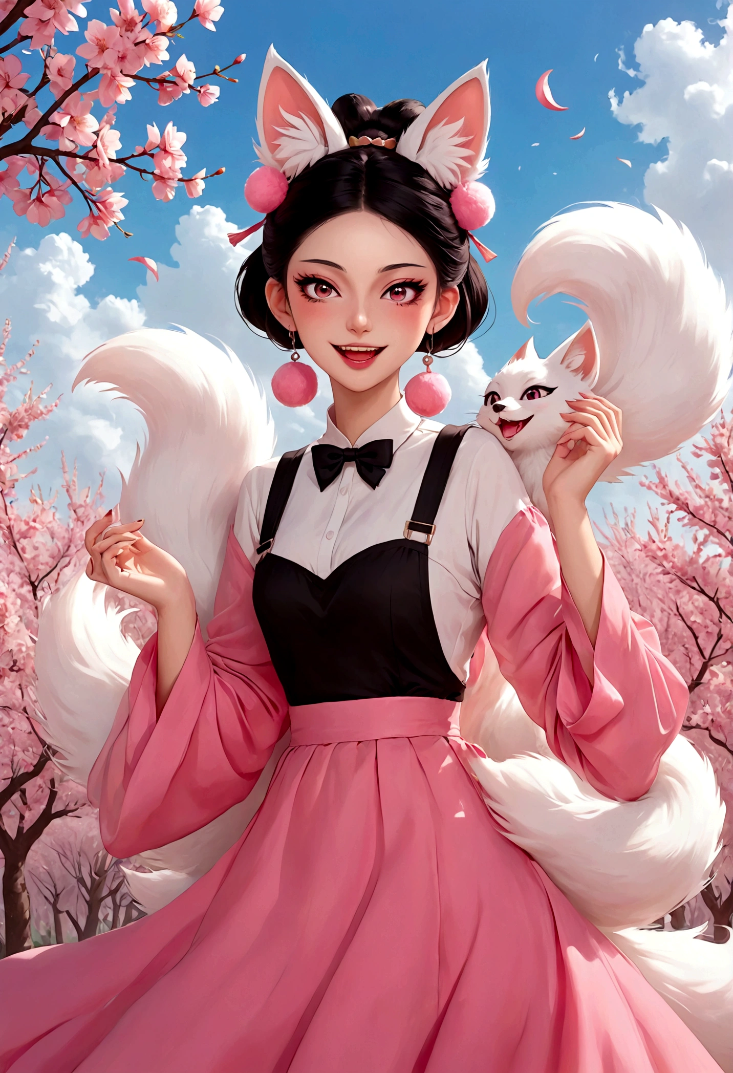 Nine-tailed fox demon,Beautiful face,beautiful eyes,Pink Eyeshadow,laughing out loud,Fangs,Big fluffy tail,Black high bun,Forehead hair,Pink pompom earrings,Long suspender skirt,绿色hand镯,hand,Spells,Peach Garden,Petals in the sky,dreamlike