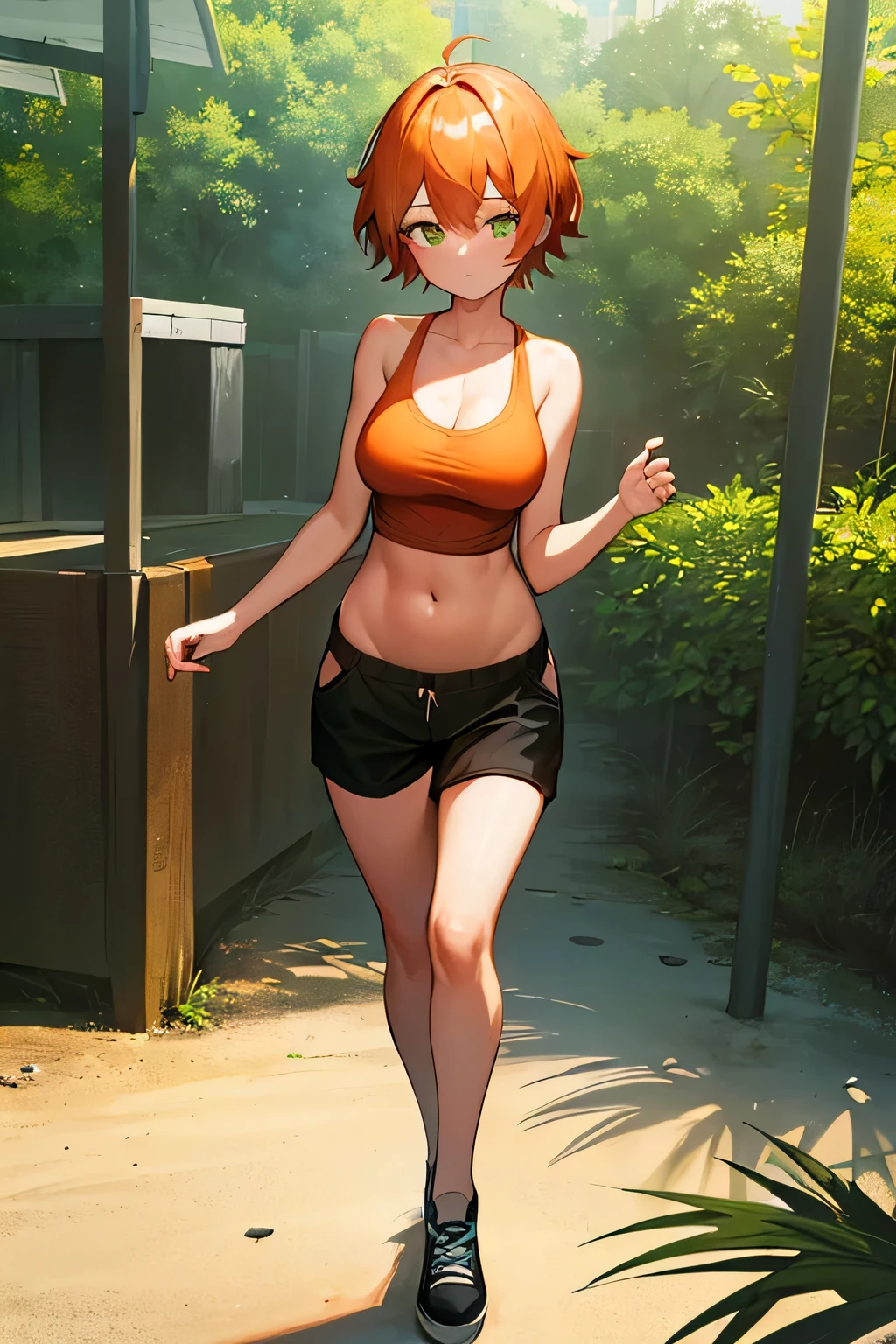1girl, short orange hair, black-green eyes, orange tank, blue shorts, black footwear, deep cleavage, large breasts, outside, sunny day, realistic, glowing eyes, standing girl, full body, navel, fat girl