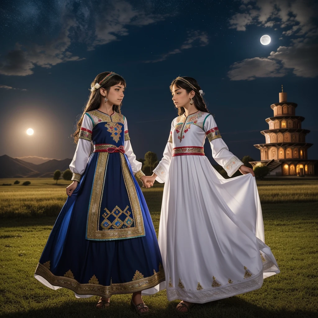 Highest quality、high quality、10 years old、Brightly embroidered ethnic costumes from Central Asia and the Caspian Sea region、Girl of the bride、Moonlit Grassland、moonlight、Long dress