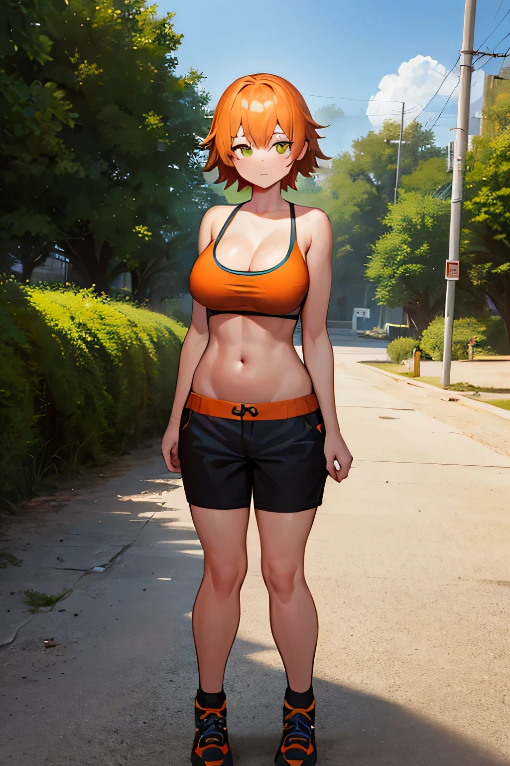 1girl, short orange hair, black-green eyes, orange tank, blue shorts, black footwear, deep cleavage, large breasts, outside, sunny day, realistic, glowing eyes, standing girl, full body, navel, fat girl