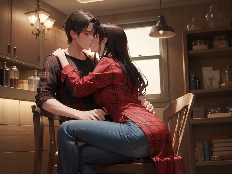 Young sexy girl wearing a red dress sitting on lap of young boy wearing a red and black flannel shirt and jeans who is sitting on a chair, kissing, making out, passionately, dim lighting, sexy, hot, lustful