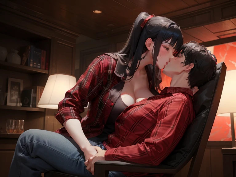 Young sexy girl wearing a red dress sitting on lap of young boy wearing a red and black flannel shirt and jeans who is sitting on a chair, kissing, making out, passionately, dim lighting, sexy, hot, lustful