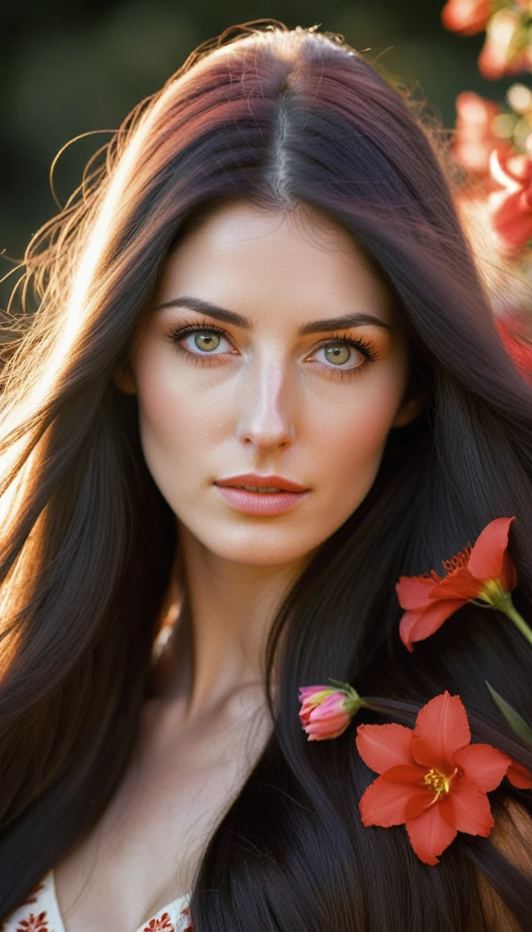 Portrait of a young woman with long dark hair, which blows in the wind.
Flowers of different colors are woven into her hair, in particular white and red, which add natural beauty and romance to the image.
Her face is partially lit with soft, warm light, which creates a contrast between light and shadow.
The facial expression is calm and a little pensive, with a slight emphasis on the eyes and lips.
The general style of photography is artistic, with a focus on details and a warm color scheme, which creates a sense of intimacy and peace.