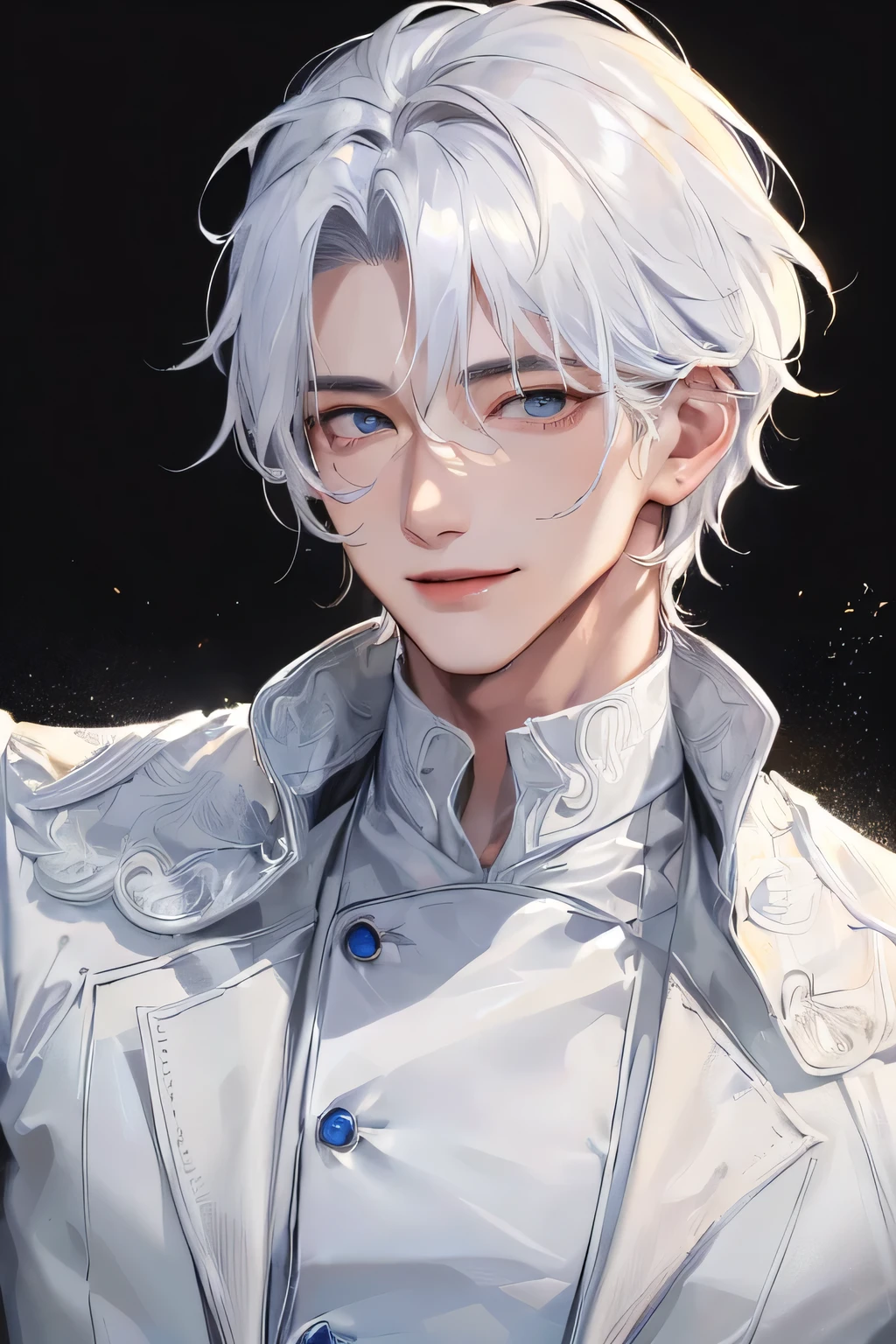 official art, masterpiece, 1 boy, 1 man, 1 male, a man, sharp focus, (Korean man:1.3), (handsome man korean:1.3), korean handsome, Delicate and manly hair and eyes and face, realistic, ultra detailed, handsome man, white hair, cool smile expression, dynamic hair, detailed white hair, glow blue eyes, sexy, in the dark, deep shadow, low key, cold light, dynamic light, cinematic lighting, cinematic lighting, mature man, face closeup, face detail, red lips detail, very detail eyes, detail faces, face detail, detail, utra detail, very detail, highly detail, ultra detail、masterpiece、(top-quality)、Adult Man、((Adult 30 years old))、((Adult boy type))、Cool Men、((Wild features))、((Wild look))、((smile expressions))、((Diamond face))、((Thin Almond Eyes))、Slim body、((Sick Man))、((Mine Mans))、((sassy pose))