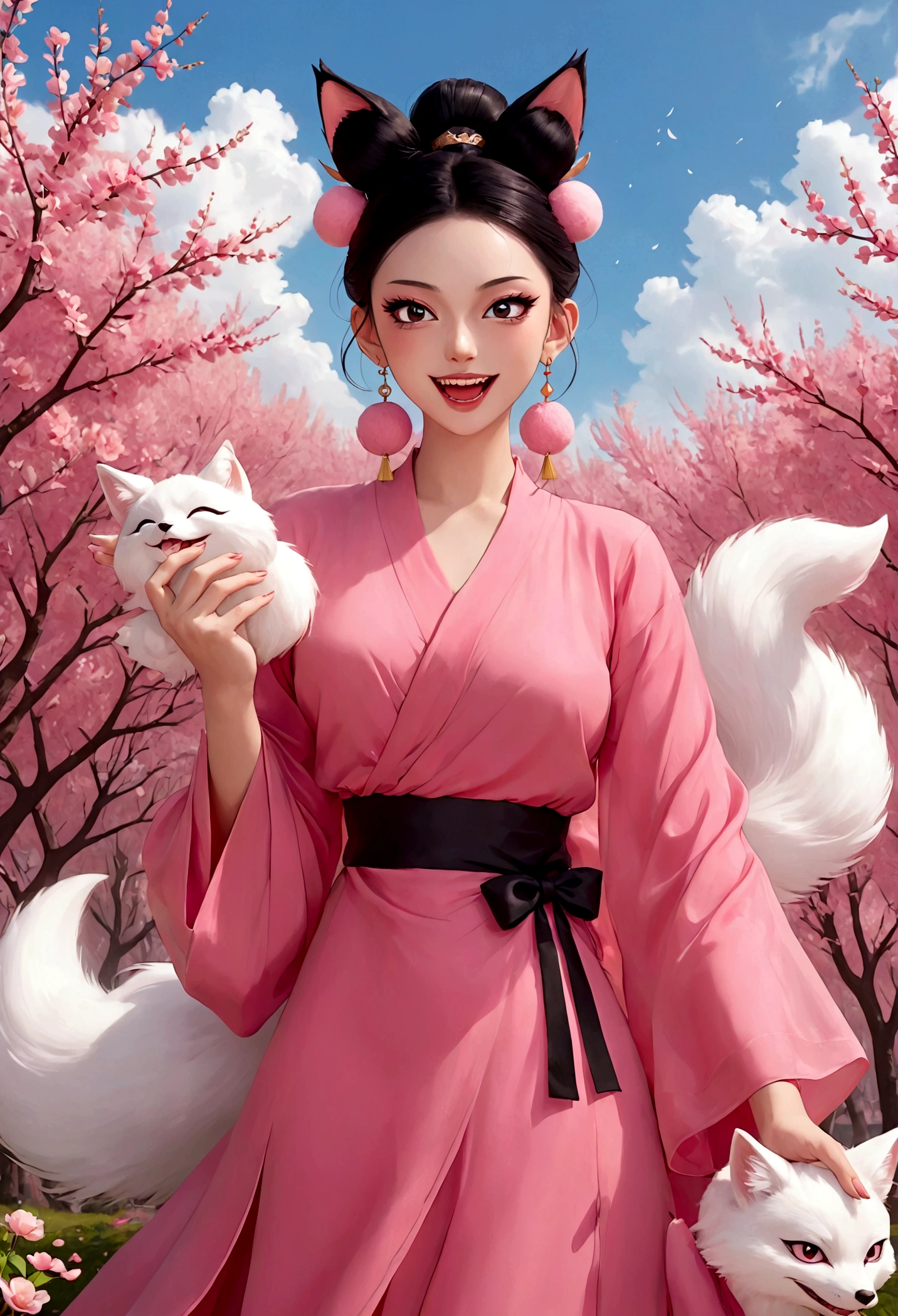 Nine-tailed fox demon，Beautiful face，beautiful eyes，Pink Eyeshadow，laughing out loud，Fangs，Big fluffy tail，Black High Bun - Big Bun，Forehead hair，Pink pompom earrings，Pink wrap dress，绿色hand镯，hand，Spells，Peach Garden，Petals in the sky，dreamlike