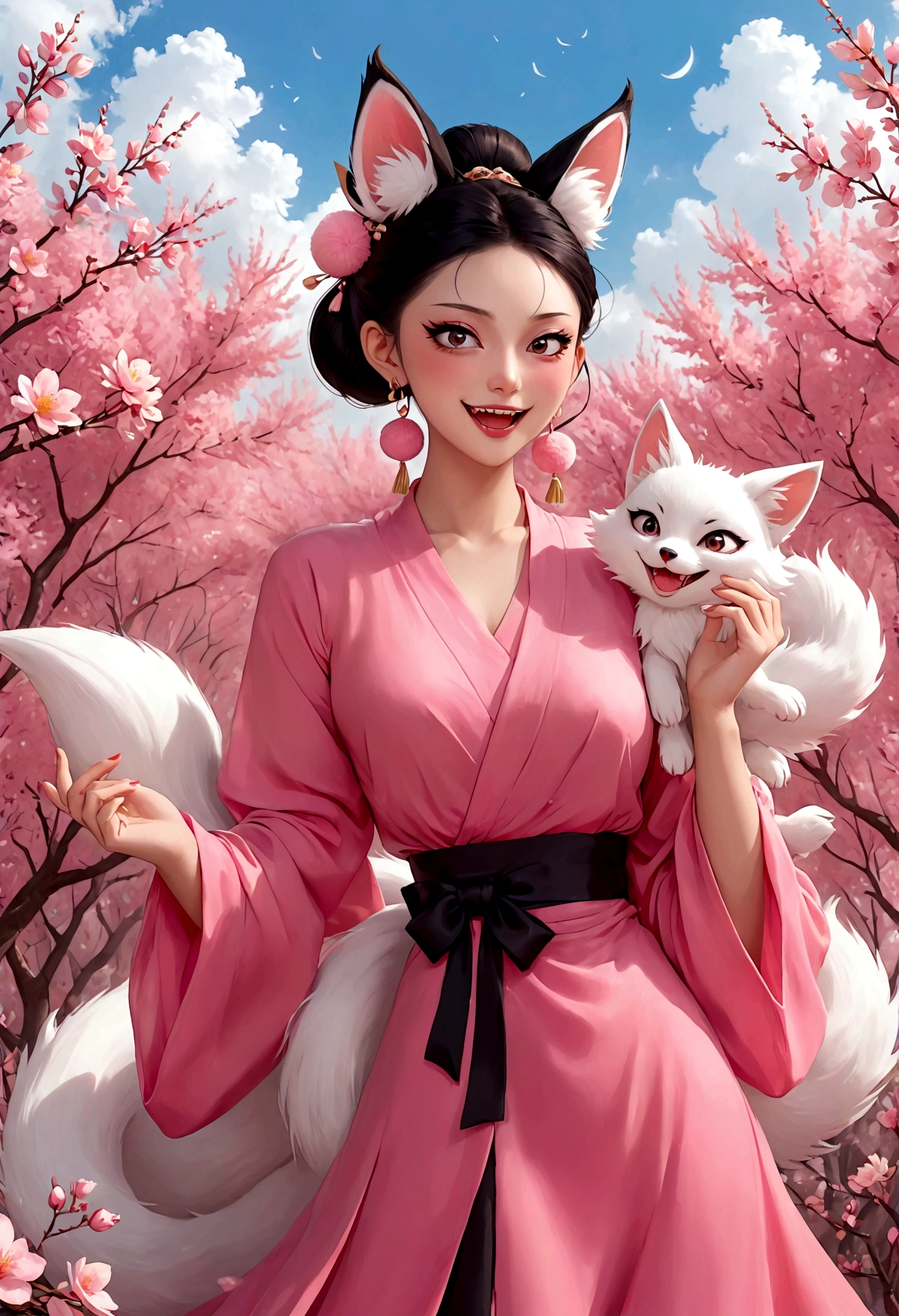 Nine-tailed fox demon，Beautiful face，beautiful eyes，Pink Eyeshadow，laughing out loud，Fangs，Big fluffy tail，Black High Bun - Big Bun，Forehead hair，Pink pompom earrings，Pink wrap dress，绿色hand镯，hand，Spells，Peach Garden，Petals in the sky，dreamlike