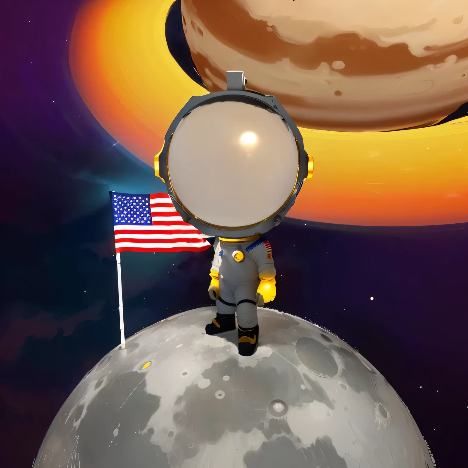 cartoon astronaut standing on a moon with a flag in front of a saturn, standing in the solar system, standing in outer space, standing on the moon, on moon, moon landing, on the moon, american astronaut, visiting saturn, astronaut on the moon, moon mission, sitting on a moon, wears tiny spacesuit, lunar walk, space walk, landing on the moon