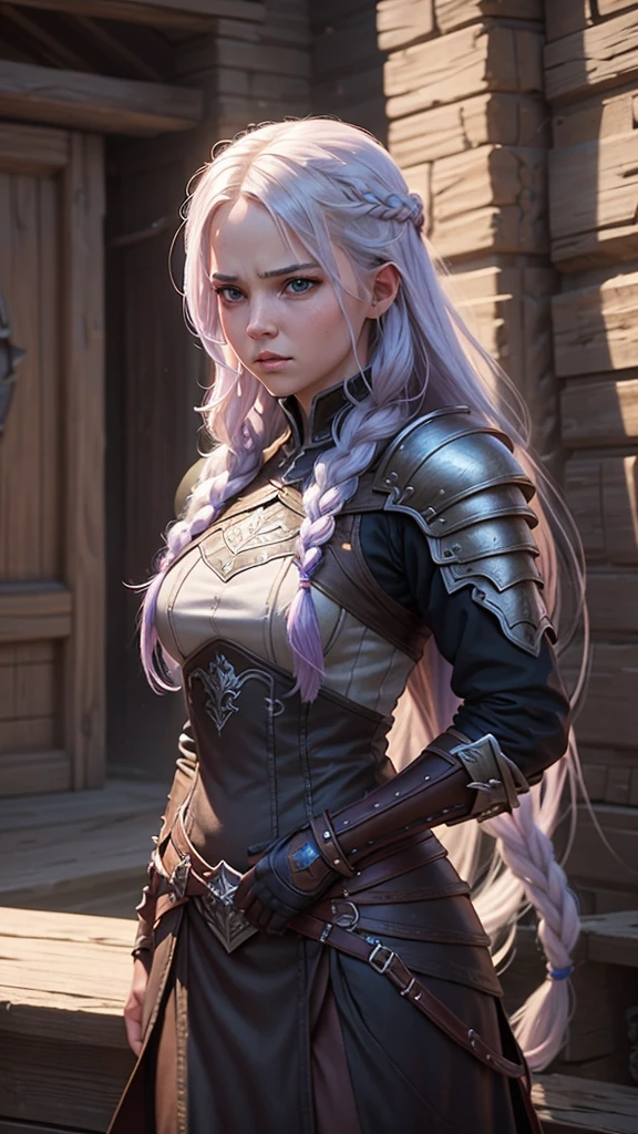 a close up of a cryptic girl with very long white purple gradient hair in braid, disguste facial expression, disguste face, unreal 5. woman is indifferent,kind, wearing detailed armor, sci-fi Cryptic Star,, rpg portrait, epic fantasy art style hd, medieval fantasy game art, fantasy game art, 8k high quality detailed art, cover game art, epic fantasy digital art style, artgerm ; 3d unreal engine, 4 k detail fantasy, epic fantasy art style, (best quality,4k,8k,highres,masterpiece:1.2),ultra-detailed,(realistic,photorealistic,photo-realistic:1.37), cowboy shot, disgusted expression