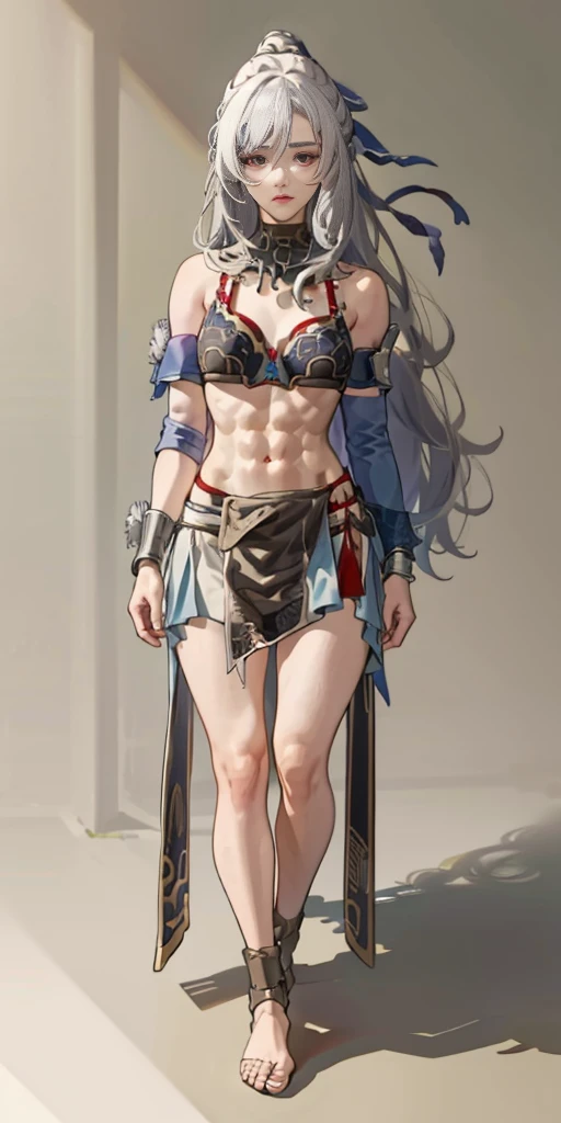 full body toe to head, masterpiece, 1soloMILF BIMBO standing bra and loincloth, leather collar choker neck bell shackles wristbands bracers bracelets sleeves and stockings, strong body, abs (plain background) slave with stocks