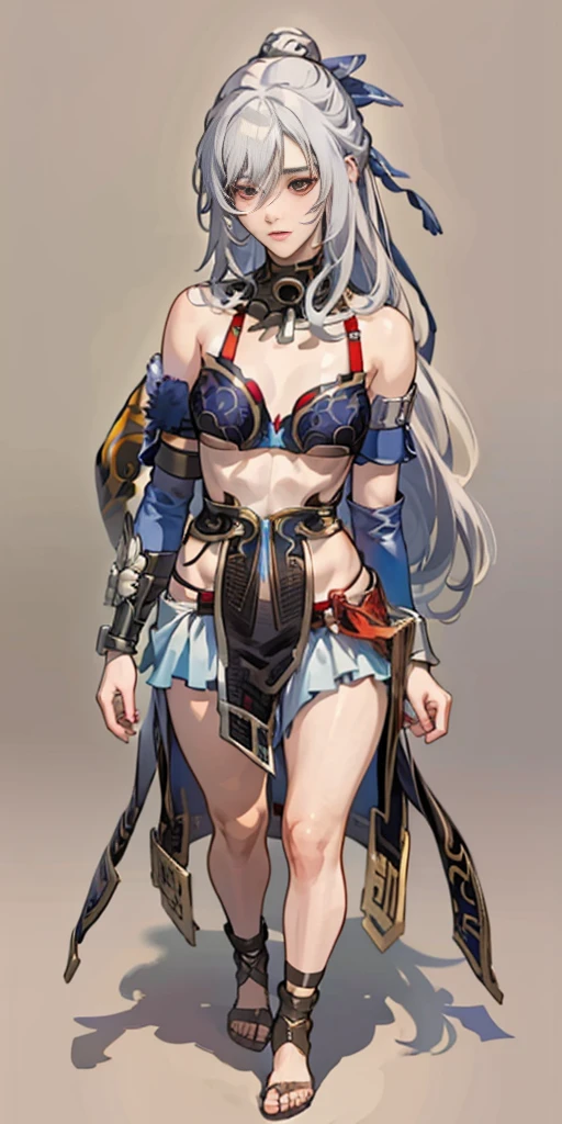 full body toe to head, masterpiece, 1soloMILF BIMBO standing bra and loincloth, leather collar choker neck bell shackles wristbands bracers bracelets sleeves and stockings, strong body, abs (plain background) slave with stocks