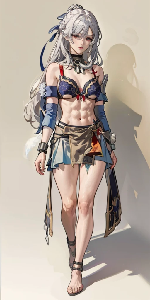 full body toe to head, masterpiece, 1soloMILF BIMBO standing bra and loincloth, leather collar choker neck bell shackles wristbands bracers bracelets sleeves and stockings, strong body, abs (plain background) slave with stocks