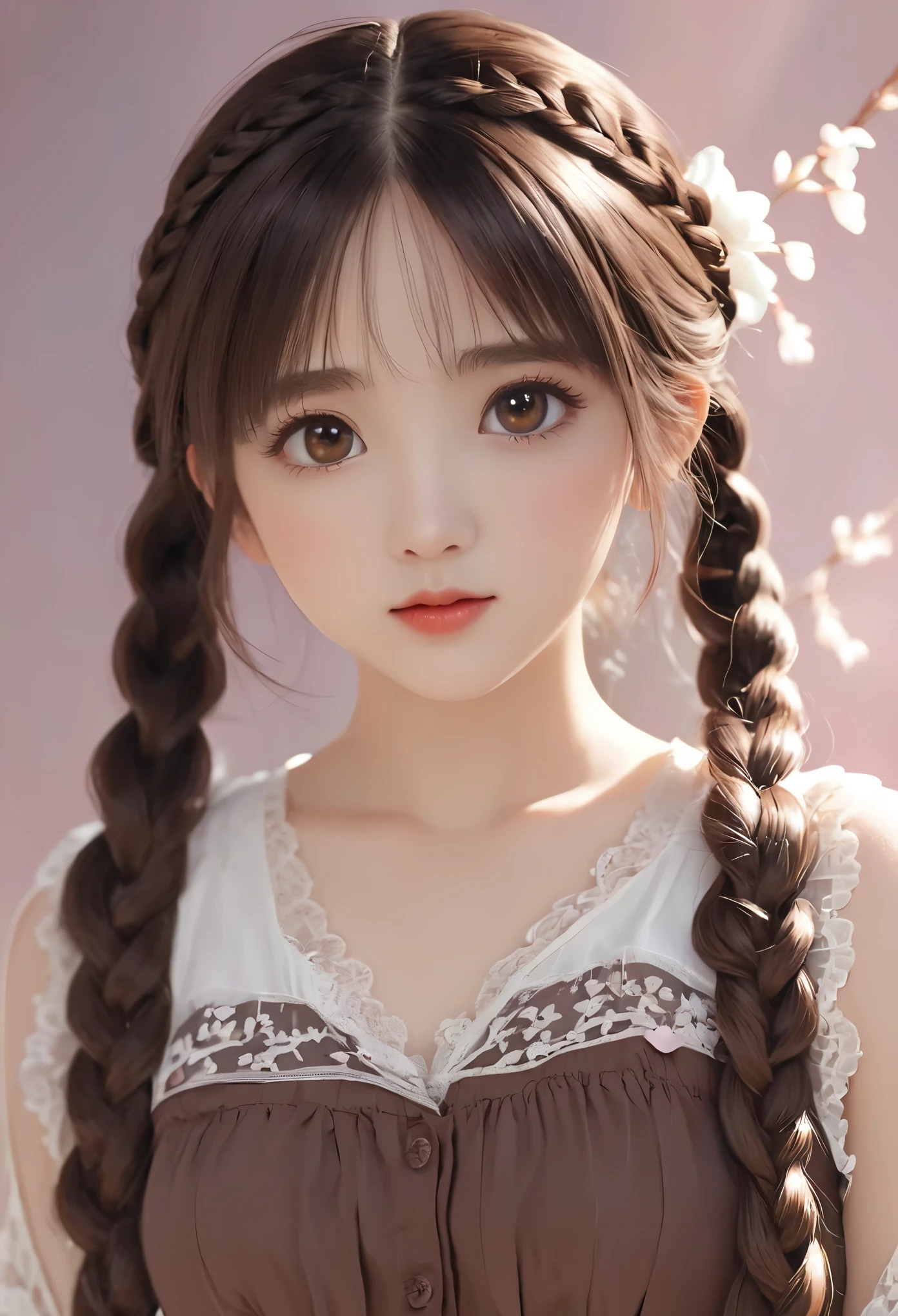 ((best quality, 8K, masterpiece :1.3))***********、 Cute anime style, ,Brown double braids、，solitary,Exquisite eyes, ((Dark brown hair, Large Breasts :1.2)), Beautiful lace lingerie（8K）（HD）（（best quality））， （（Intricate details））， （8K）