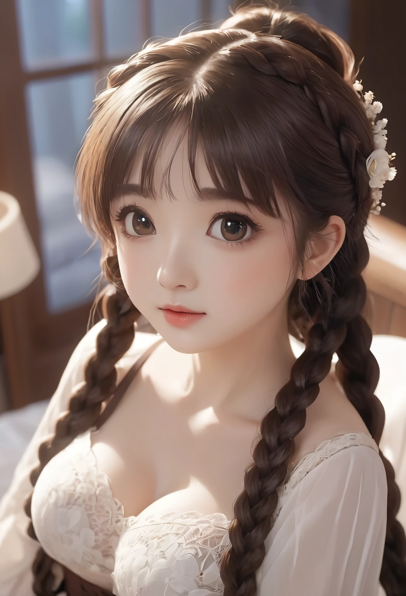 ((best quality, 8K, masterpiece :1.3))little girl、 Cute anime style, ,Brown double braids、，solitary,Exquisite eyes, ((Dark brown hair, Large Breasts :1.2)), Beautiful lace lingerie（8K）（HD）（（best quality））， （（Intricate details））， （8K）