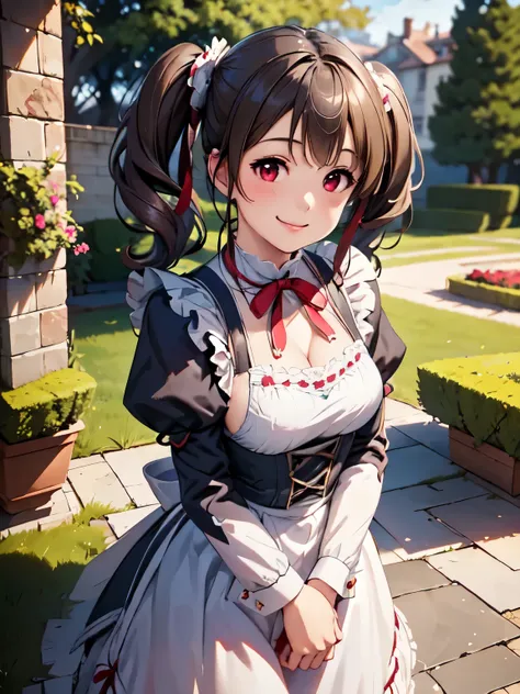 outdoor、garden、silica、victorian maid outfit、twin tails、red eyes、(real、photorealistic、photorealistic:1.30)、hdr、uhd、ultra-fine pai...