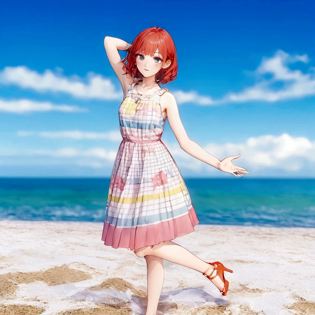There is a woman in a dress standing on the beach, sayori, whole body:: sunny::, Standing near the beach, Cute 3D anime girl render, Fashion pose, Dancing on the beach, She is dancing. Realistic, Asuka as a surfer model, change, !!whole body portrait!!, Girl on the beach, Stylish pose