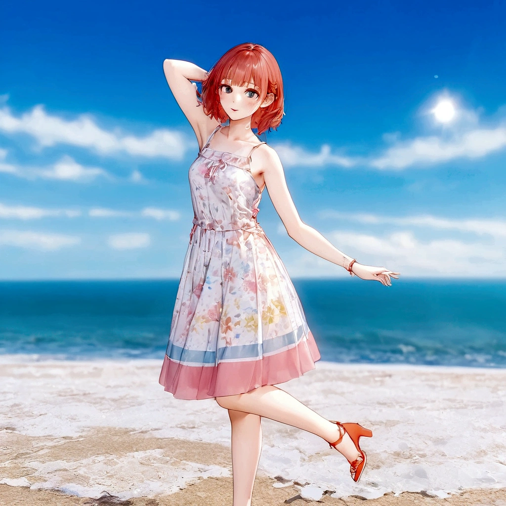 There is a woman in a dress standing on the beach, sayori, whole body:: sunny::, Standing near the beach, Cute 3D anime girl render, Fashion pose, Dancing on the beach, She is dancing. Realistic, Asuka as a surfer model, change, !!whole body portrait!!, Girl on the beach, Stylish pose