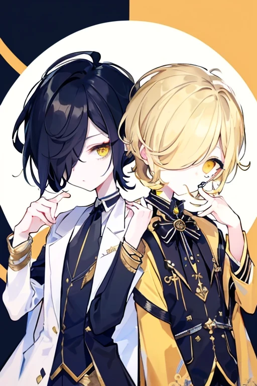 (highest quality、masterpiece:1.2) (((1 boy))) (suit) short hair、black hair,,、yellow eyes、elegant、beautiful eyes、beautiful hair、smooth skin、((low length))((hair above one eye, one eye covered)) (introverted look)upper body visible(((cute face))),twins,